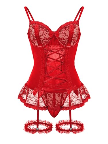 Image of Foxiny Sexy Mesh Corset Ruffle Lace Up Underwire Sheer Garter Belt Babydoll Lingerie Set With Thong 3 Piece Women