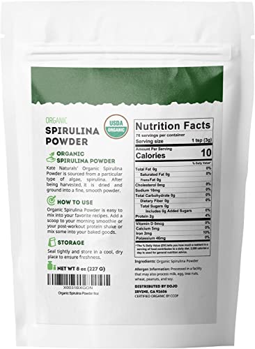 Organic Spirulina Powder (8 Oz) For Immune Support And Antioxidants - Kate Naturals. Usda Certified. Natural. Non-Gmo. Gluten-Free. Nutrient Dense Superfood Supplement #TOP6
