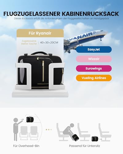 LOVEVOOK Ryanair Handgepäck 40x30x20, Klein Handgepäck Rucksack Tasche Reiserucksack Flugzeug, Carry On Hand Luggage Travel Backpack für 13,3 Zoll Laptop Damen Herren, Cabin Bag Eurowings Wizz Schwarz