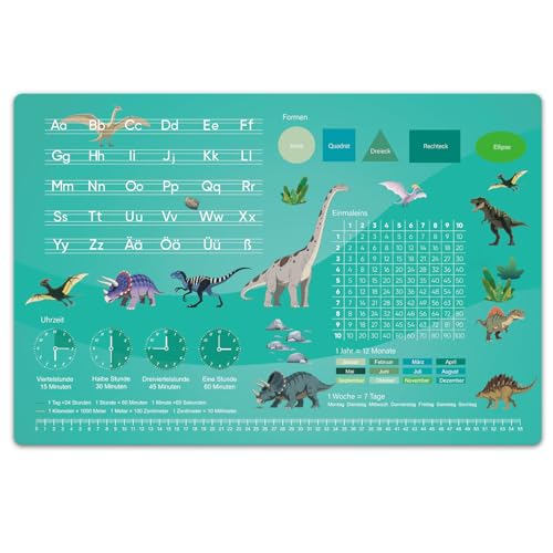 Vade de escritorio para niños de 60 x 40 cm, diseño de dinosaurios, de piel, lavable, con alfabeto y tabla de multiplicar, antideslizante, para la escuela, la habitación de los niños y la oficina
