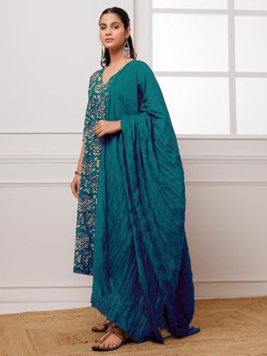 Image of GoSriKi Women's Cotton Blend Anarkali Printed Kurta with Pant & Dupatta