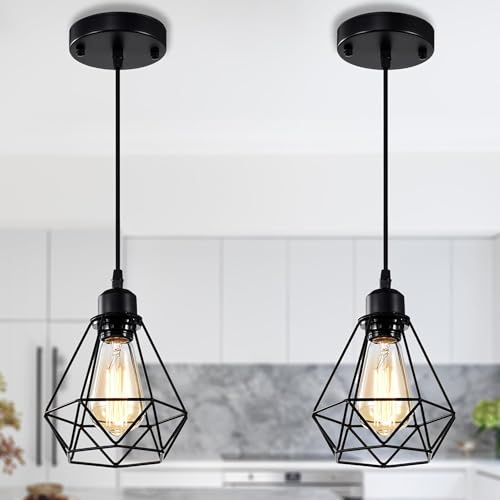 Farmhouse Pendant Lights 2 Pack for Kitchen Island, Black Metal Cage