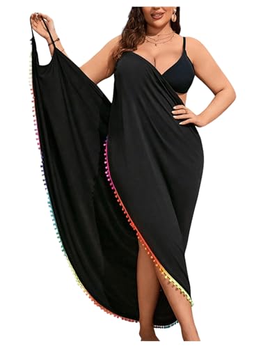 OYOANGLE Women's Plus Size Wrap V Neck Sleeveless Pom Pom Trim Beach Dress Cover Up Beachwear
