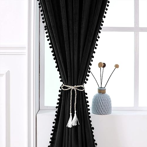 Image of Amazon Brand - Umi Velvet Eyelet Door Curtains with pom pom Lace for Living Room Bedroom Kitchen 1 pc Pack in Black Color (Door - 4 feet x 9 feet)