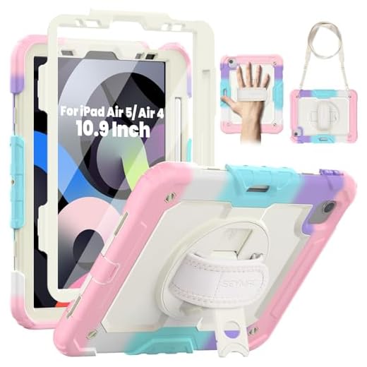 SEYMAC for iPad Air 5/Air 4 10.9 Case 2022 2020, iPad Pro 11 Case 2021 Heavy Duty Protection Shockproof Case with 360 Degree Hand Strap & Kickstand, Screen Protector for iPad Air 10.9 Colorful/Pink
