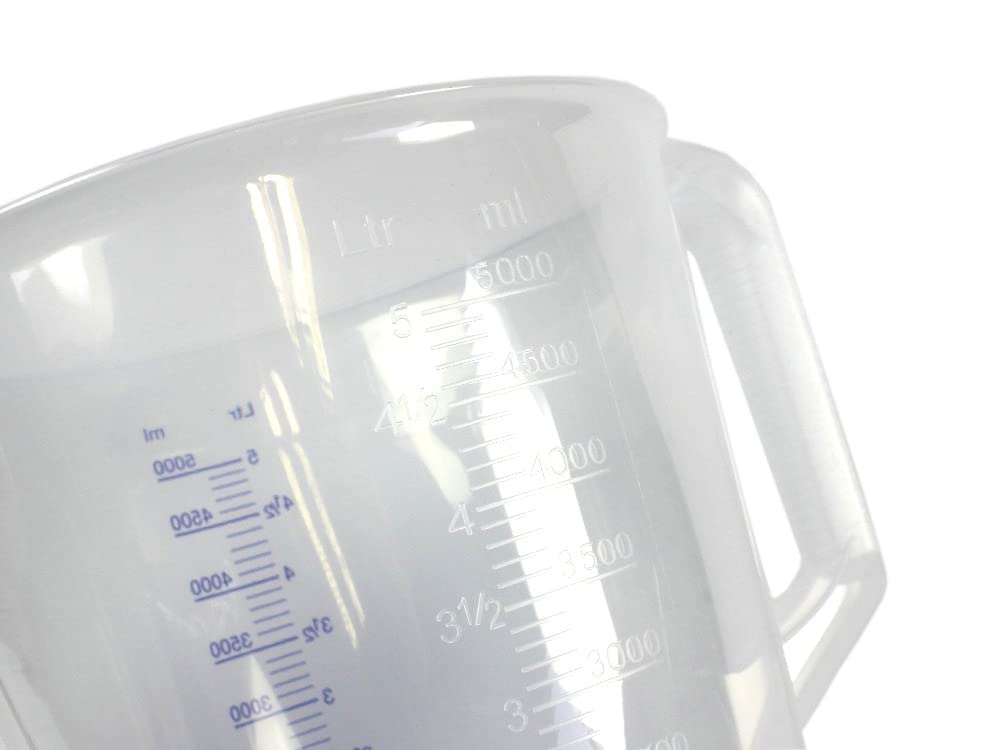 Set di 5 misurini con manico in plastica polipropilene trasparente, 5000 ml, 5 l, 5 litri, per lavoro, tempo libero, officina, resistente agli alimenti, lavabile in lavastoviglie, microonde e