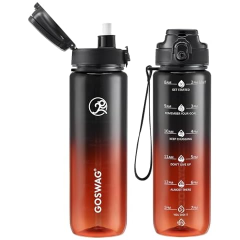 GOSWAG Water Bottles, 32 oz Motivational Sports Water Bottle with Straw and Time Marker to Remind You to Drink, Comes with Carry Strap, Leakproof Cover