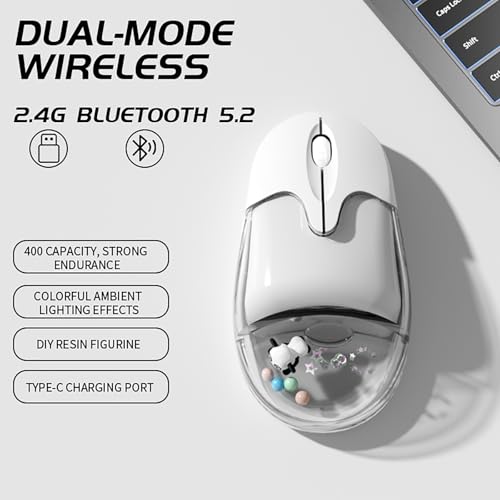 Cute Clear Aqua Mice Rechargeable,Bluetooth &2.4G Wireless,Led Lights,Great Gift for Kids Girls Women (Liquid Water & Panda Design)-White - image 2