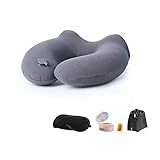 Lucear Inflatable Travel Pillow Set- Velvet Travel Neck Pillow, Sleep Mask, Earplugs - Including Carry Pouch for Convenient Storage - 3 Seconds Inflate Full (Light Gray1)