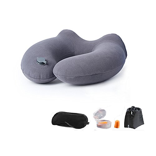 Lucear Inflatable Travel Pillow Set- Velvet Travel Neck Pillow, Sleep Mask, Earplugs - Including Carry Pouch for Convenient Storage - 3 Seconds Inflate Full (Light Gray1)