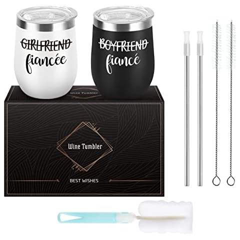 Livole Engagement Gifts for Couples, Girlfriend and Boyfriend Wine Tumbler Set, Bride and Groom to Be Gifts, 2 Pack 12oz Stainless Steel Double Walled Vacuum Insulated Wine Glass with Lids and Straws Cover