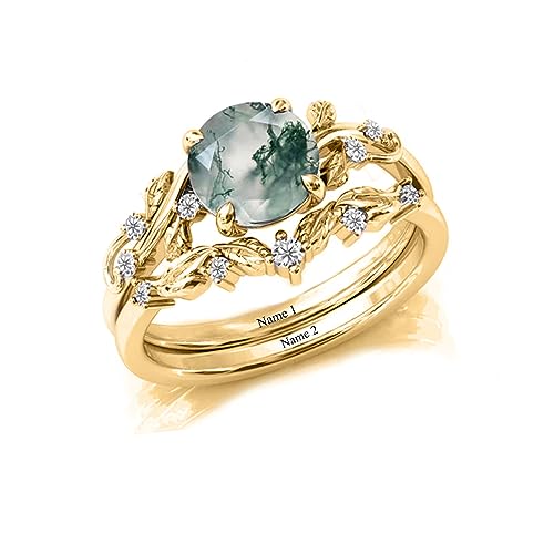 Natural Moss Agate Ring Solid 10K/14K/18K Gold Green Leaf Moss Agate Engagement Ring with Cubic Zirconia Engraved Name Wedding Bands for Women