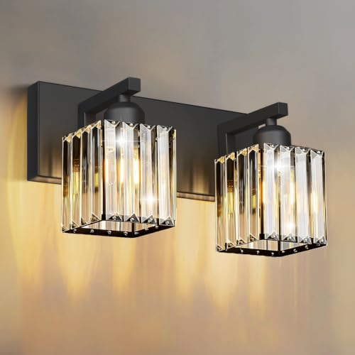 Image of Black Crystal Bathroom Vanity Light, 2-Light Modern Bathroom Lighting Fixtures Over Mirror, Matte Black Wall Sconce with Square Shade