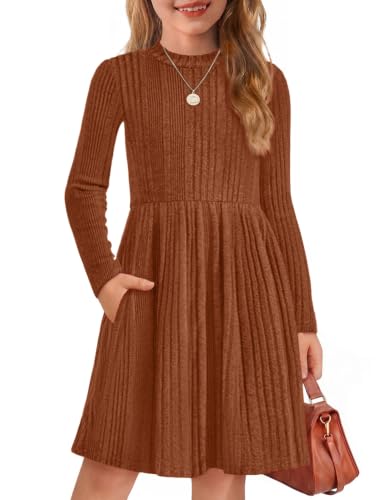 Image of Arshiner Girls Dresses Long Sleeve A Line Knit Sweater Dress with Pockets