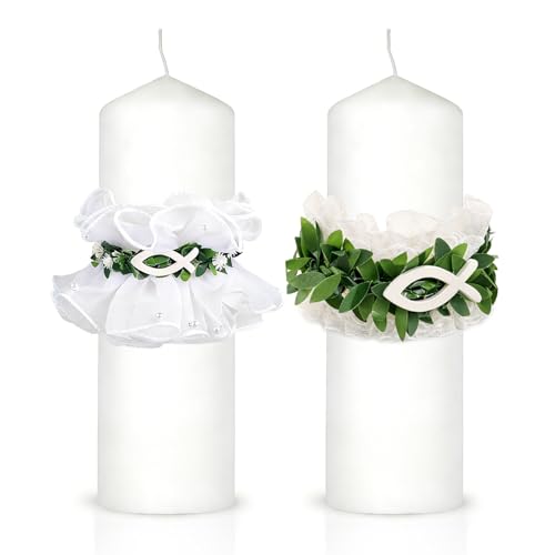 2 Stück Tropfschutz Taufkerze Set Elegante Tropfschutz Kommunionkerze Dekoration mit Holzfisch und Blättern Kerzenkranz für Stabkerzen Durchmesser 3-6cm Perfekt für Kommunion Taufe