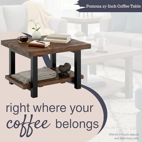 Image of Pomona 27-Inch Square Solid Wood Coffee Table with Metal Legs - Modern Farmhouse Rustic Small Space Table by Alaterre Furniture (Rustic Brown)