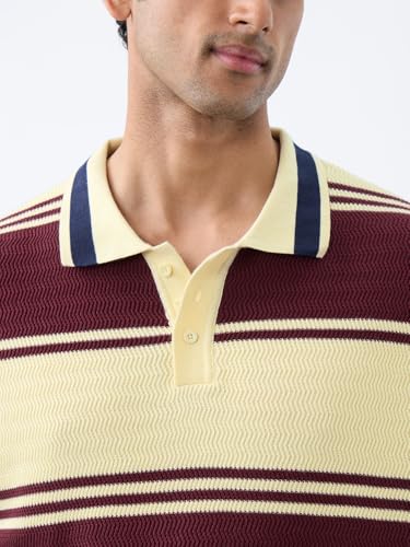 Image of The Souled Store Jacquard Polo: Red Velvet Men and Boys Short Sleeve Spread Collar Yellow Maroon and Navy Striped Cotton Textured Knit Breathable Everyday Oversized Polos