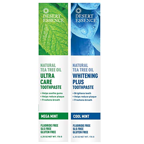 Desert Essence Natural Tea Tree Oil 6.25 Oz Toothpaste Bundle - 1 Unit Of Mega Mint & Cool Mint - Freshens Breath, Cleans Teeth - Promotes Plaque Reduction - Fluoride & Gluten Free