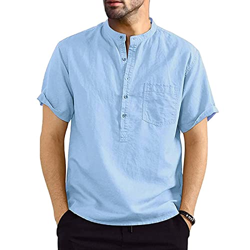 Voqeen Camisa Henley de Lino y Algodón para Hombre, Camisetas de Playa Informales Hippie de Manga Corta con Cuello de Banda de Bolsillo Tops con Cierre de Botón