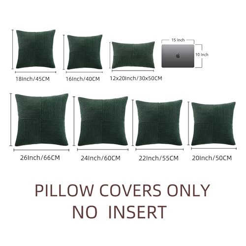 Image of Fancy Homi Set of 2 Dark Green Decorative Throw Pillow Covers 22x22 Inch for Living Room Couch Bed, Boho Farmhouse Forest Green Home Decor, Soft Corss Corduroy Patchwork Textured Cushion Case