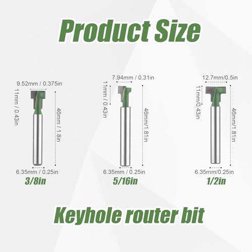 3pcs Keyhole Router Bits Set, 1/4 Inch Shank T Slot Cutter Set Router Bits, Blade Diameter 5/16", 3/8", and 1/2", Cutting Woodworking T Track Slotting Cutter for Wood Hex Bolt Milling Cutter Home DIY - Image 2