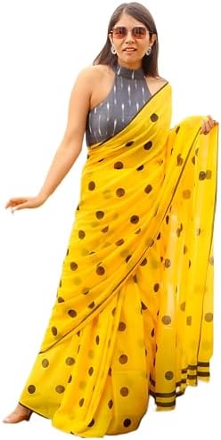 StyleScope Women's Polka Dot Printed Linen Cotton Saree With Unstitched Blouse Piece (Laddu_Free Size)