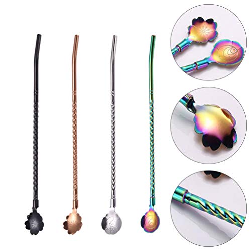 Cabilock 4 peças de colher de aço inoxidável, canudinhos reutilizáveis de metal para coquetéis de ca