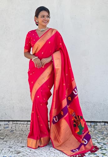 Image of SGF11 Women's Kanjivaram Paithani Silk Saree With Unstitched Blouse Piece