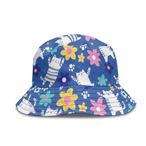 Wismoutput Cartoon Cat Little Girls Boys Fashion Bucket Hat, Anti-UV Printed Wide Brim Sun Hat for Amusement Park Zoo Outdoor Adventure