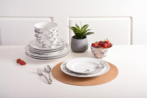 222 Fifth 12-Piece Porcelain Dinnerware Set for 4, White & Black Plates and Bowls Set, Glossy Ceramic Dish Set with Delicate Floral Design, Elegant Kitchen Dishes, Microwave & Dishwasher Safe, Bellamy by 222 Fifth - Image 3