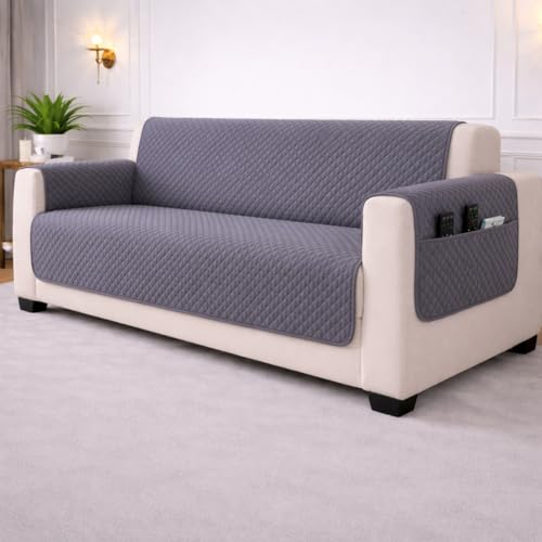 Image of STITCHNEST 'Airsoft Range Series' Solid Quilted Velvet Sofa Cover for 3 Seater | Premium Soft Velvet Sofa Protector | Grey Diamond Quilted Design with Armrest Pockets | Furniture Cover