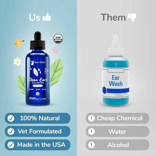 kin+kind Clean Ears - Natural Leave-in Dog Ear Cleanser - Certified USDA Organic - Fragrance Free - 4 fl oz