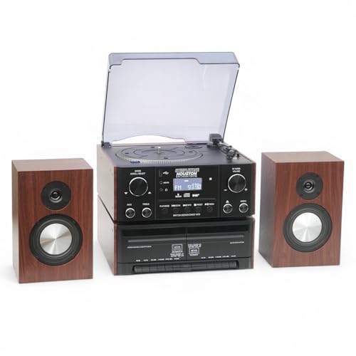 Steepletone HOUSTON XP Black 6 in 1 Music Centre Bluetooth Vinyl Record Player Turntable with CD Cassette DAB+ / FM Radio USB MP3 playback & Encoding NEW 25Watt High Power Wireless Speakers