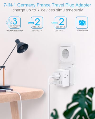 Image of 2 Pack Germany France Travel Plug Adapter, Type E /F Power Plug Adapter | 3 Outlets 4 USB Charging Ports(2 USB C), 7-in-1 Travel Essentials US to Europe France Germany South Korea Netherlands Spain