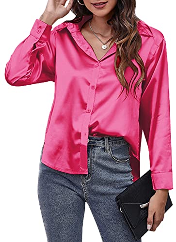 Panegy Satin Shirts for Ladies V Neck Blouses Shiny Silk Like Tops Casual Elegant Long Sleeve Lapel Shirts for Women Office Work Business Wear Pink L