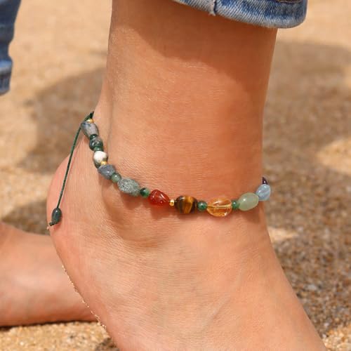 Image of 7 Chakra Crystals and Stones Anklet Irregular Tumbled Gems Beaded Ankle Bracelets for Women Spiritual Energy Meditation Yoga Healing Jewelry Mom's Gifts