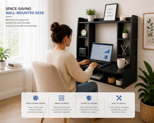 Image of Basicwise Wall Mount Laptop Office Desk with Shelves, Black,