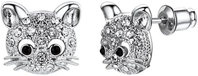 U7 Teen Girls Cat Earrings Rhinestone Platinum Plated Cute Kitten Kitty Stud Earrings for Women