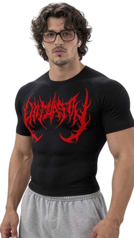 Image of Mens Gym Devil Bat Logo Compression T-Shirt | Polyester Half Sleeve Sports Wear and Rash Guard for Training Workout and Athletic Activewear | Black