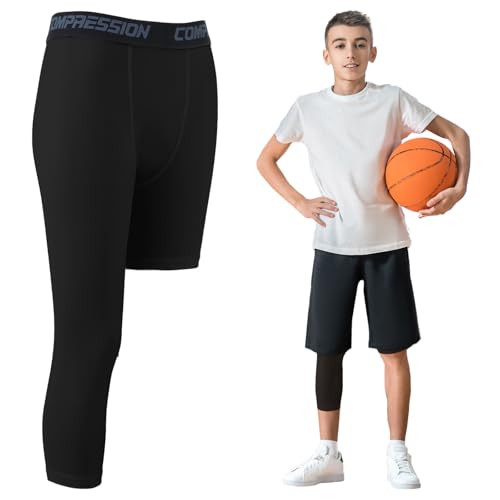 1Pack Basketball Leggings 3/4 One Leg Compression Tights Men Youth, Boys Compression Leggings Athletic Base Layer Pants for Sports Training Football Basketball (10-15 Years Old) White