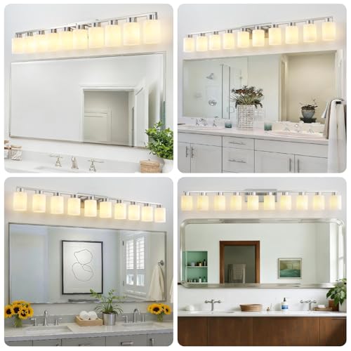 Image of 10-Light Bathroom Light Fixtures, Modern Vanity Lights, Brushed Nickel Metal Wall Lamp with White Marble Glass for Bathroom, Mirror, Living Room, Bedroom, Cabinet, Porch, Hallway, E26 Base