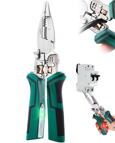 Image of upgraded 8 in 1 Wire Strippers with Voltage Tester, Wire Stripping Tool, Cable Cutters with Plier, Crimper, Splitting, Wire Stripper Tool for 10-18 AWG for Electrician Work Green