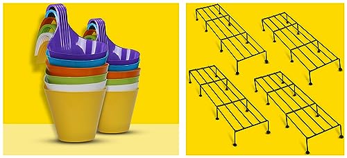 Image of Kraft Seeds Spectacular Metal Stand - 24 inch es (Set of 4) Plastic Hanging Planters & Balcony Garden (12 Pcs, 8 inch, Multicolor)