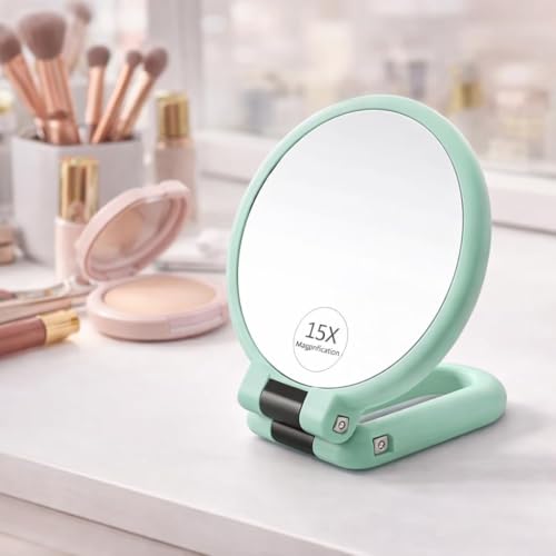 Image of 15X Magnification Double-Sided Folding Handheld Makeup Mirror, 1X /15X, Round, Portable Travel Mirror, 23x13.5x2 cm (Blue)