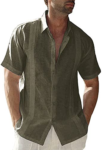 Image of JEKAOYI Mens Casual Linen Cotton Button Down Short Sleeve Shirts Cuban Camp Guayabera Beach Tops