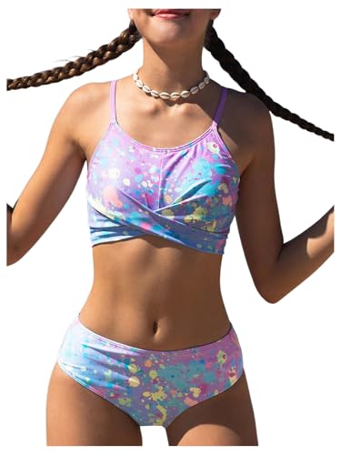 Image of OYOANGLE Girl's 2 Piece Swimwear Printed Twist Front Cut Out Spaghetti Strap Bikini Set