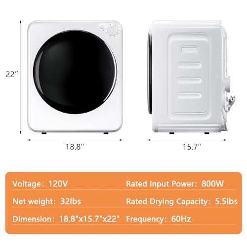 Image of DOGHLY 1.6 cu.ft Portable Clothes Dryer, 800W Compact Dryer with Stainless Steel Tub, 5 Modes Auto Stop & Easy Control Small Dryers Machine, Ideal for Laundry, Apartments, Dorms, RVs, White