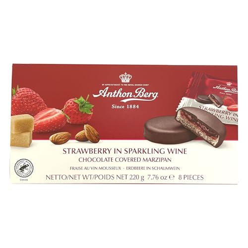 Strawberry in sparkling wine 984051 Chocolate con mazapán (41%) y relleno (25%) con fresas en un vivo brillante.
