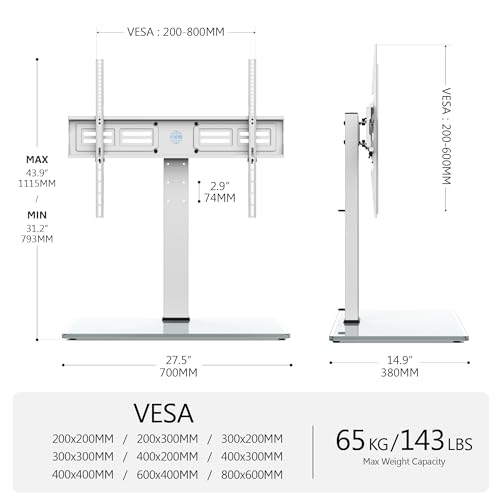 FITUEYES 50-85 inch Tabletop TV Stand, Stable TV Pedestal Stand with Height Adjustment, 80° Swivel & Tempered Glass Base, Holds 65kgs, Max VESA 800X600 mm White - Image 6