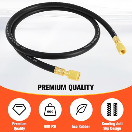 Image of 3 /8 inch HVAC Vacuum Pump Hose 5FT, 3 /8 inch x 3 /8 inch SAE Fittings, 600 PSI Working Pressure 3000 PSI Burst, 15660 Flexible Rubber AC Charging Hose for R134A R410A R22 Refrigerant Systems
